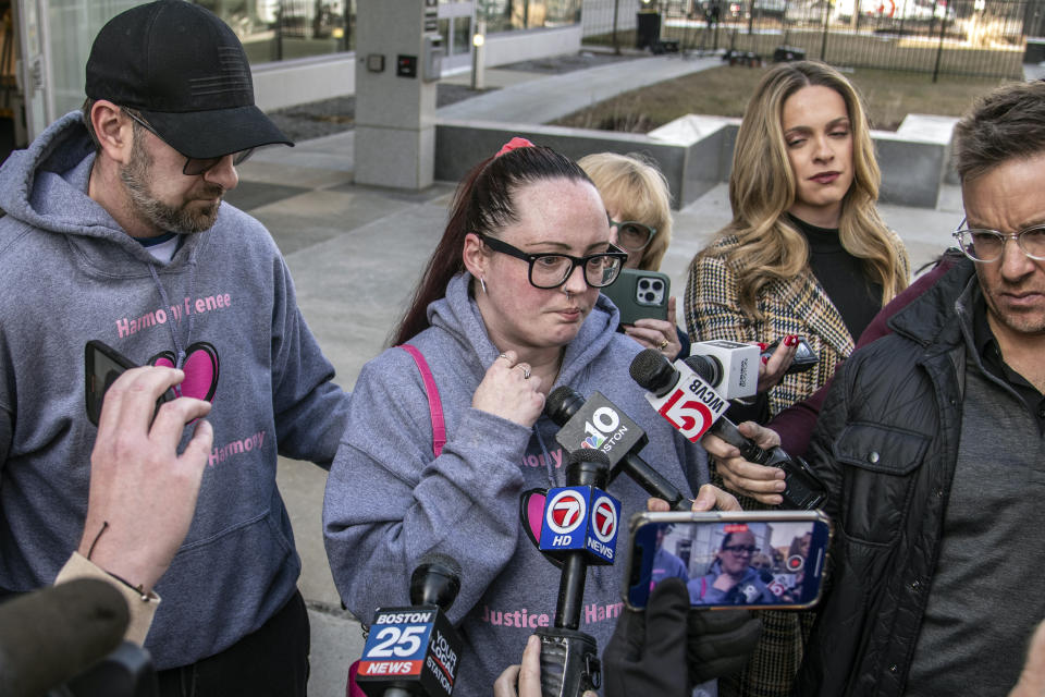 Crystal Sorey, Harmony Montgomery's biological mother, speaks with the media outside Hillsborough County Superior Court, Thursday, Feb. 22, 2024, in Manchester, N.H. Adam Montgomery has been convicted of second-degree murder in the death of his 5-year-old daughter. Police believe Harmony Montgomery was killed nearly two years before she was reported missing in 2021. (Jeffrey Hastings/Pool Photo via AP)