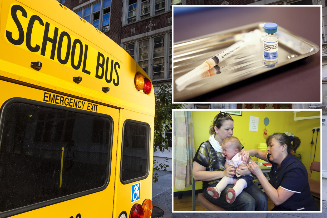 School bus in front of building, vaccine and needles on tray, woman holding small child as nurse gives vaccination dose.