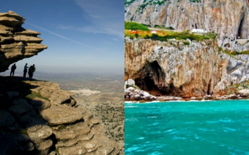 Dólmenes de Antequera (España). Ubicado en Andalucía meridional, incluye monumentos megalíticos, parajes naturales y edificaciones funerarias cuyo diseño, según señala la UNESCO, es “uno de los conjuntos arquitectónicos más notables de la prehistoria” (izquierda). Otro sitio europeo que entró a la lista es el Conjunto de las cuevas de Gorham, en el Reino Unido (derecha), un depósito de yacimientos paleontológicos de hace 125 mil años.