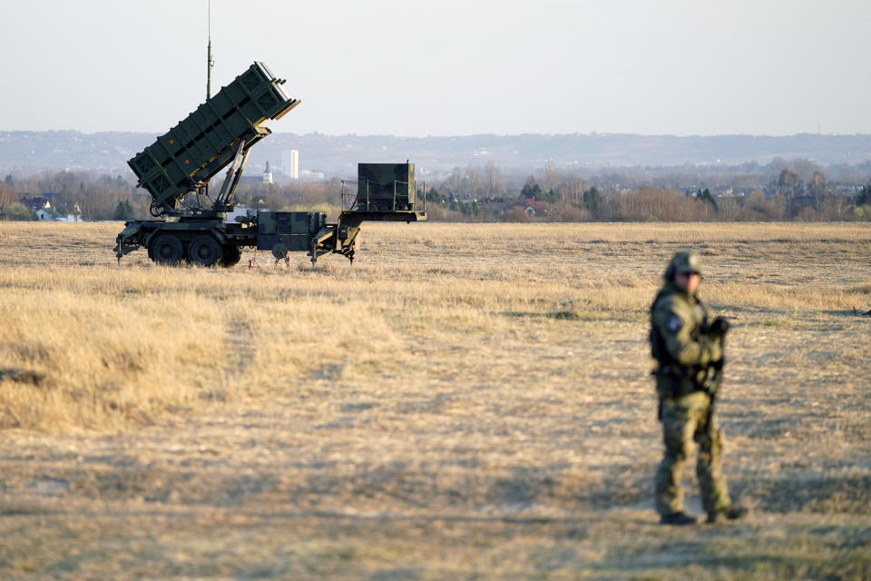 FILE - Patriot missles are seen at the Rzeszow-Jasionka Airport, Friday, March 25, 2022, in Jasionka, Poland. A Polish man has been arrested on allegations of being ready to spy on behalf of Russia’s military intelligence in an alleged plot to assassinate Ukraine’s President Volodymyr Zelenskyy, Polish prosecutors said Thursday. The man was seeking contact with Russians directly involved in the war in Ukraine and was expected to pass on detailed information about the Rzeszow-Jasionka airport in south-eastern Poland, near the border with Ukraine, which is the gateway for international military and humanitarian supplies for Ukraine. (AP Photo/Evan Vucci, File)