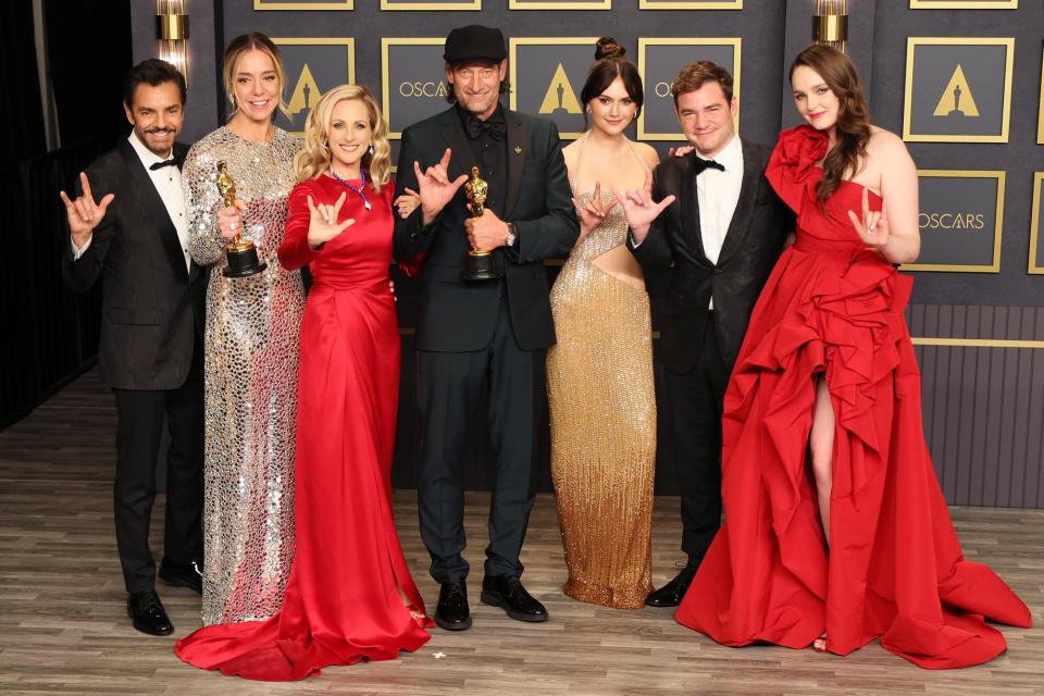 Eugenio Derbez, Sian Heder, Marlee Matlin, Troy Kotsur, Emilia Jones, Daniel Durant and Amy Forsyth, winners of the Best Picture award for ‘CODA’, pose in the press room at the 94th Annual Academy Awards at Hollywood and Highland on March 27, 2022 in Hollywood, California.