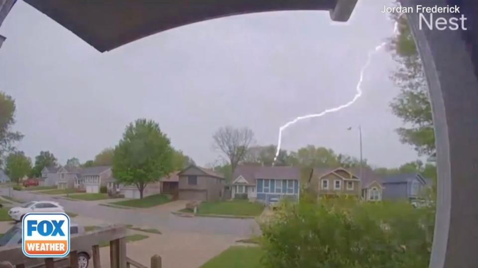 Jordan Frederick captured a bolt of lightning striking near a house on his doorbell camera. Soon after, a loud roll of thunder was heard. FOX Weather