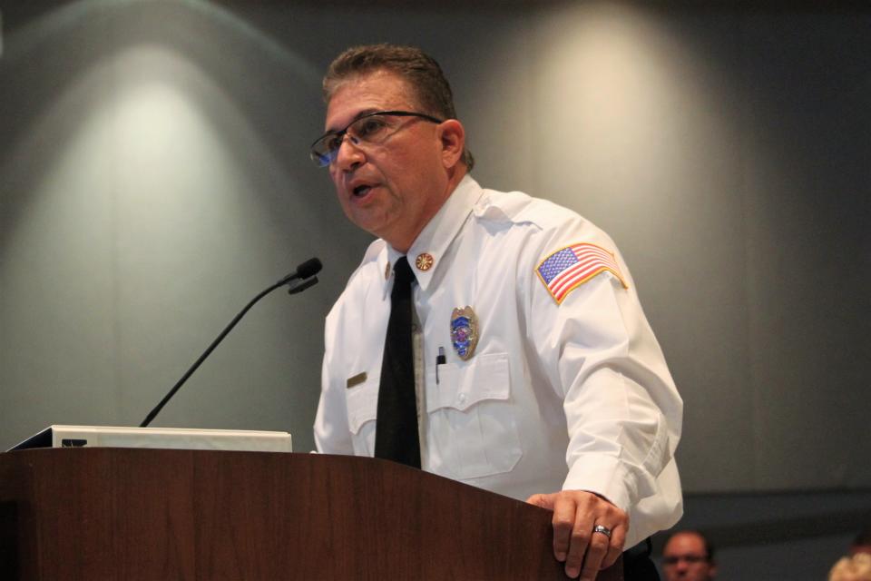 Las Cruces Fire Department Chief Eric Enriquez presented the Las Cruces City Council with an update on the city's emergency assistance center for migrants at the council's meeting on Monday, August 5, 2019.