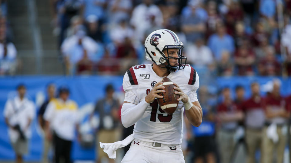 South Carolina quarterback Jake Bentley looks to pass against North Carolina on Aug. 31. (AP Photo/Nell Redmond)