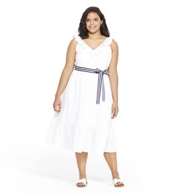 Women's Plus Size Sleeveless Ruffle Tie Waist Midi V-Neck Dress - White - vineyard vines® for Target