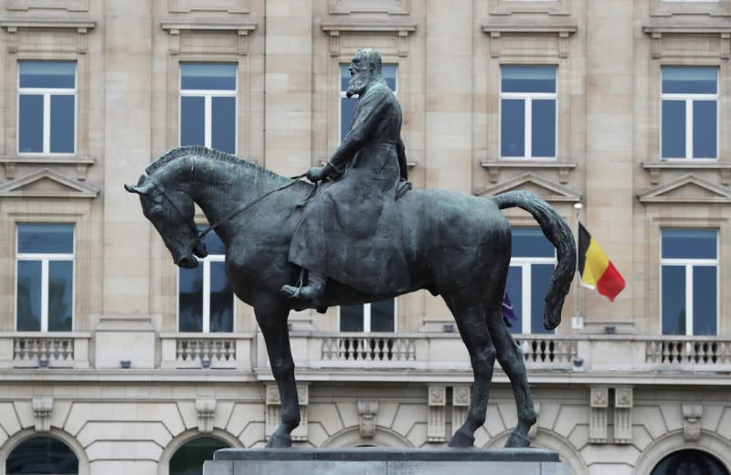 Statue of Belgian King Leopold II is seen near the Brussels Royal Palace in Brussels