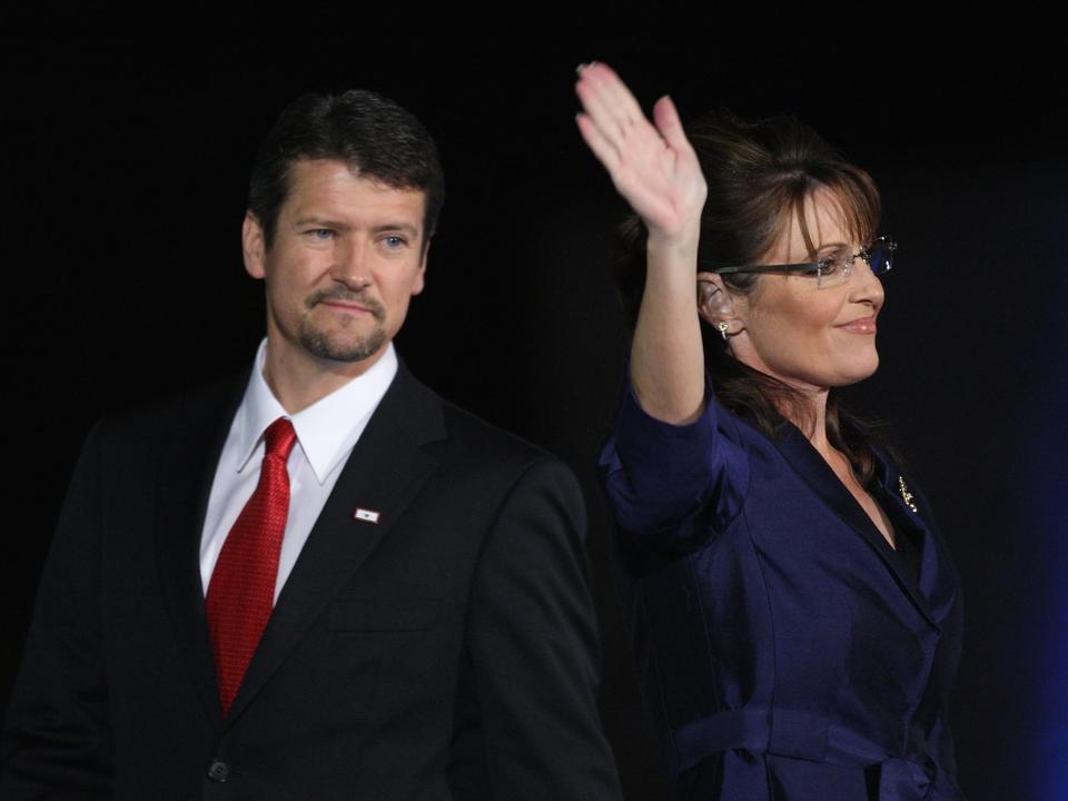 Vice-presidential nominee Alaska Gov. Sarah Palin and husband Todd Palin walk out on stage during the election night rally at the Arizona Biltmore Resort & Spa on November 4, 2008 in Phoenix, Arizona.