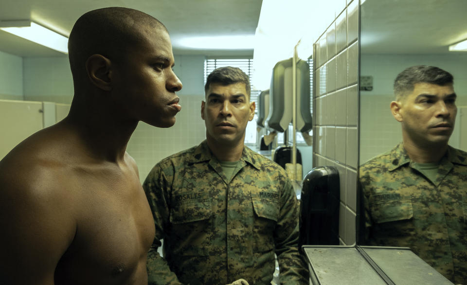 This image released by A24 Films shows Jeremy Pope, left, and Raúl Castillo in a scene from "The Inspection." (Patti Perret/A24 Films via AP)