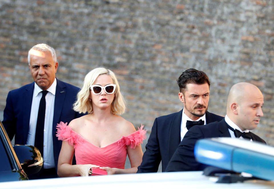 Image: Singer Kate Perry and actor Orlando Bloom arrive to attend the wedding of fashion designer Misha Nonoo at Villa Aurelia in Rome (Yara Nardi / Reuters)