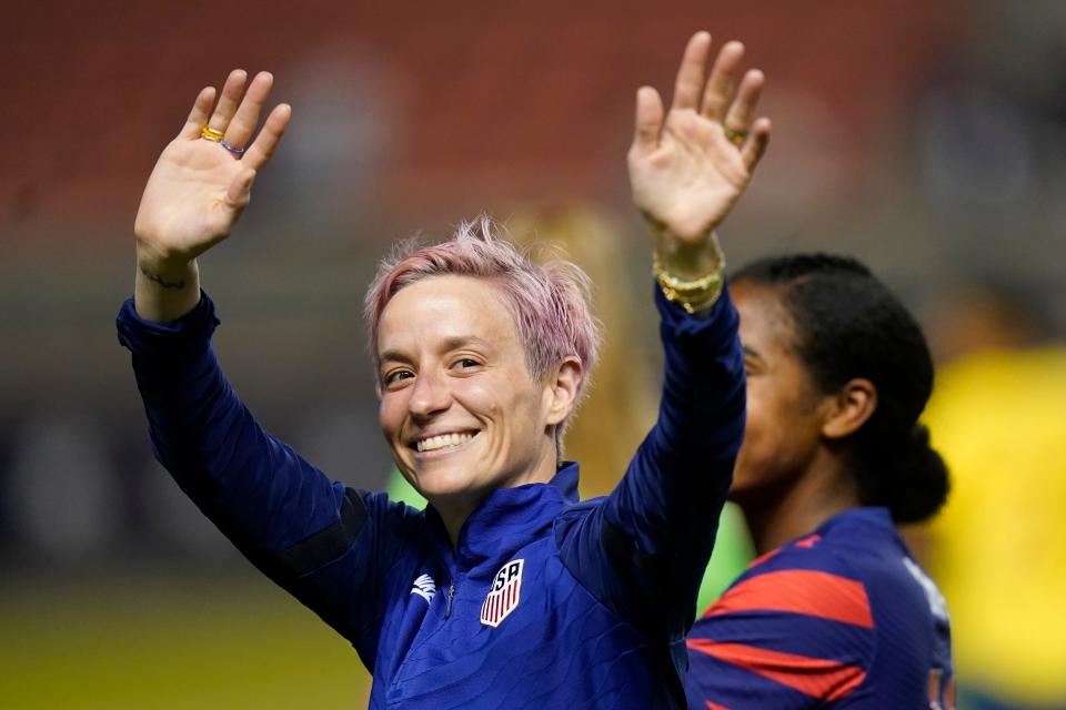 Palo Cedro native Megan Rapinoe waves to fans following the U.S Women's National Soccer Team's international friendly match against Colombia on June 28, 2022, in Sandy, Utah. President Joe Biden will present the nation's highest civilian honor, the Presidential Medal of Freedom, to 17 people, including Rapinoe, at the White House on July 7.