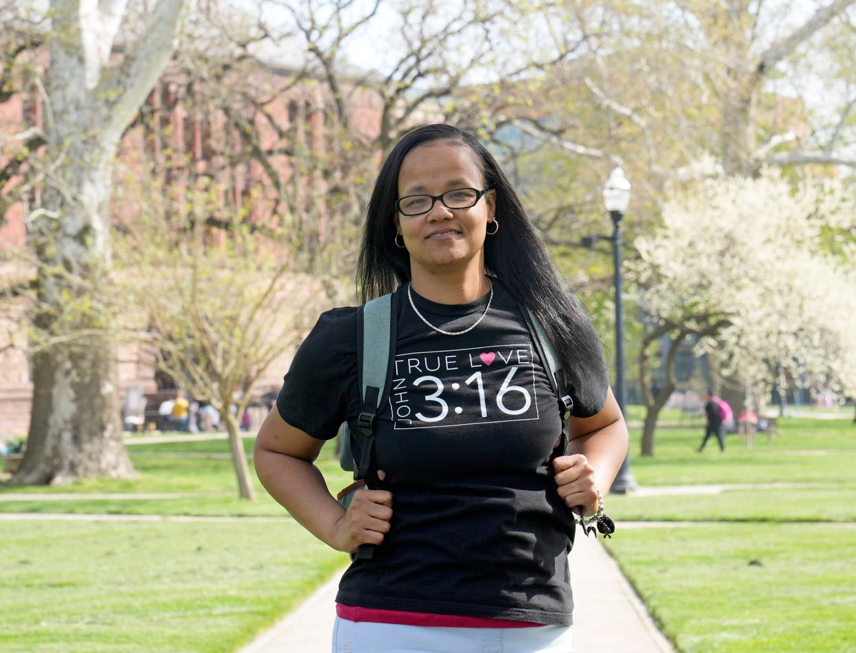 Nikia Gales enjoys her last day of classes at Ohio State University in Columbus on April 20, 2023. Gales, a 45-year-old single mother, graduated with her bachelor's degree in social work after living on the brink of homelessness five years earlier.