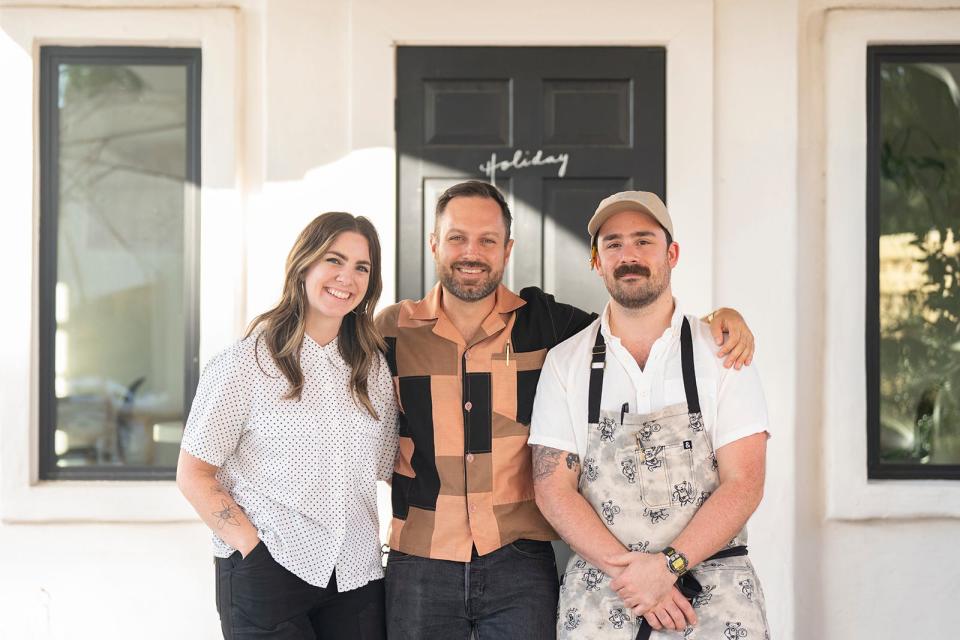 Owners Erin Ashford and John DiCicco with executive chef Peter Klein at their hybrid bar-restaurant Holiday on 7th in East Austin.