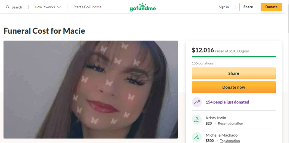 A GoFundMe page for Macie Gines