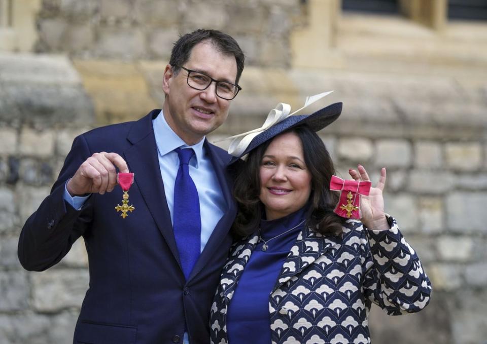 Tanya Ednan-Laperouse and Nadim Ednan-Laperouse after receiving OBEs from the Duke of Cambridge during an investiture ceremony at Windsor Castle(Steve Parsons/PA) (PA Wire)