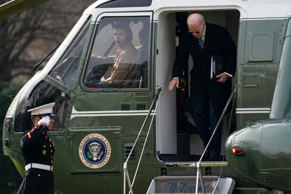 President Joe Biden arrives on the South Lawn of the White House after spending the weekend at his Wilmington, Del., home, Monday, Feb. 27, 2023, in Washington. (AP Photo/Evan Vucci) ORG XMIT: DCEV101