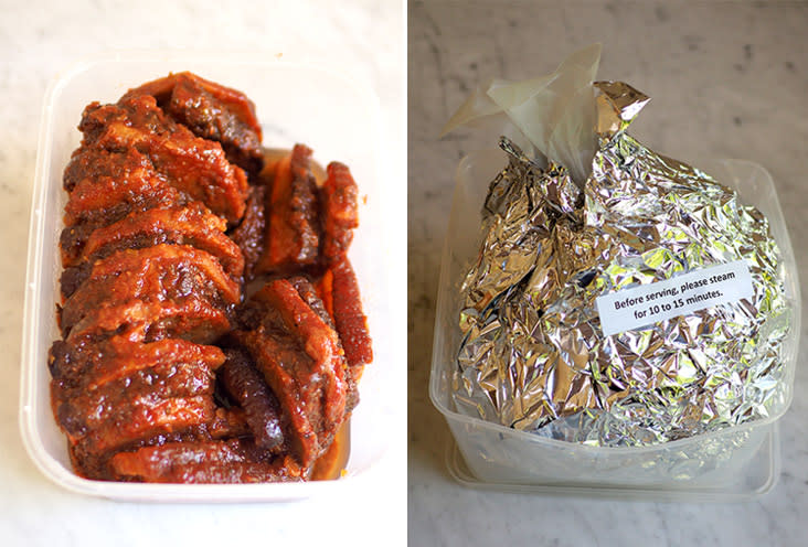 You get a substantial portion of meat with yam to feed you many happy meals (left). The chicken is wrapped in many layers of paper and foil so just steam it to heat up (right).