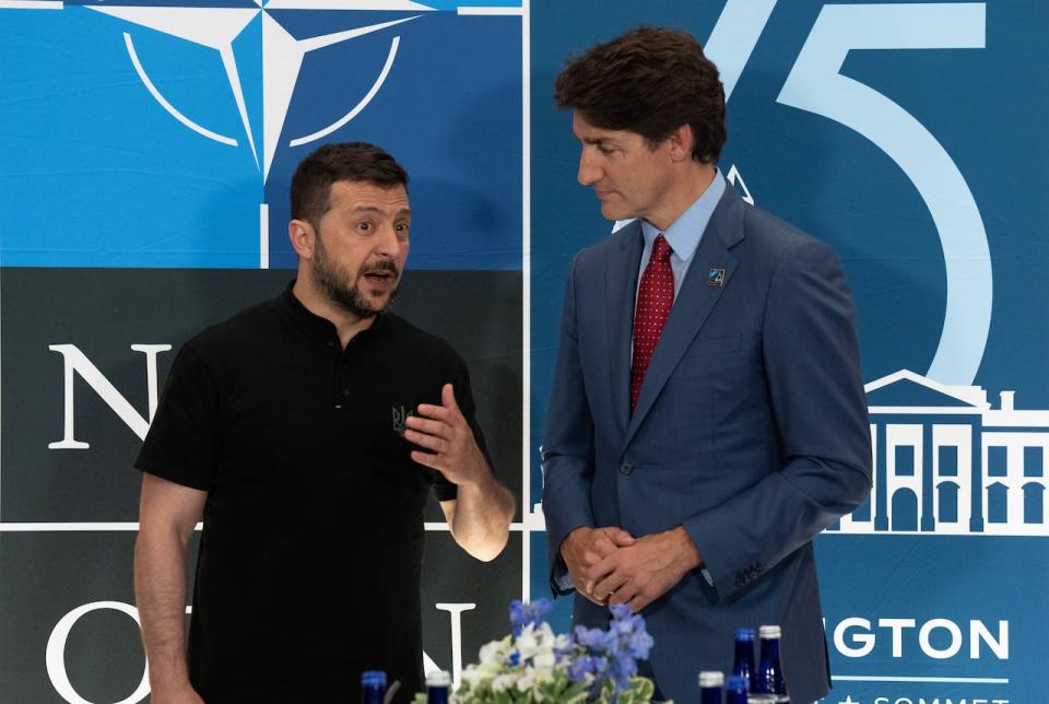 Prime Minister Justin Trudeau meets with Ukrainian President Volodymyr Zelenskyy at the NATO Summit in Washington, Wednesday, July 10, 2024. 