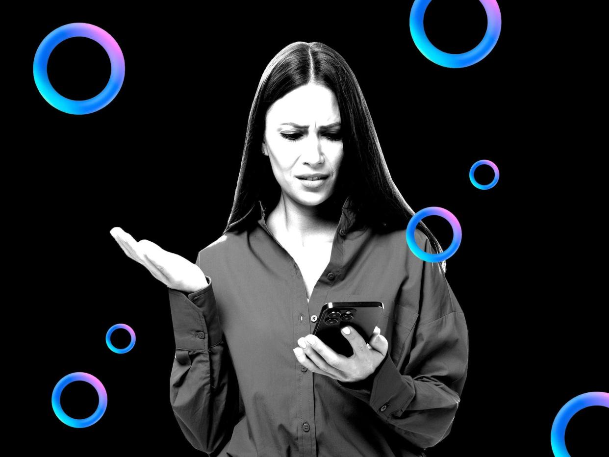 A confused-looking woman surrounded by Meta's new AI search bubbles.