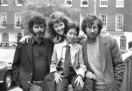 FILE - Producer George Lucas, from left, actors Kate Capshaw and Ke Huy Quan appear with director Steven Spielberg in London where they are attending the "Indiana Jones and the Temple of Doom," premiere in London on June 11, 1984. Ke Huy Quan stars in the 2022 film, "Everything Everywhere All at Once." (AP Photo/Joe Schaber, File)