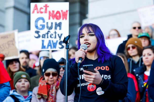 PHOTO: North High School sophomore Angeli Cazares gives a speech at a protest to end gun violence in schools at the Colorado State Capitol on March 24, 2023 in Denver, Colorado. (Michael Ciaglo/Getty Images)