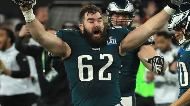 Kelce celebrates the Super Bowl triumph. Image: Getty