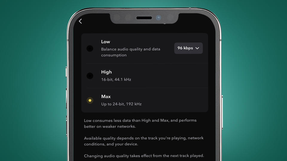 A phone on a green background showing the Tidal app