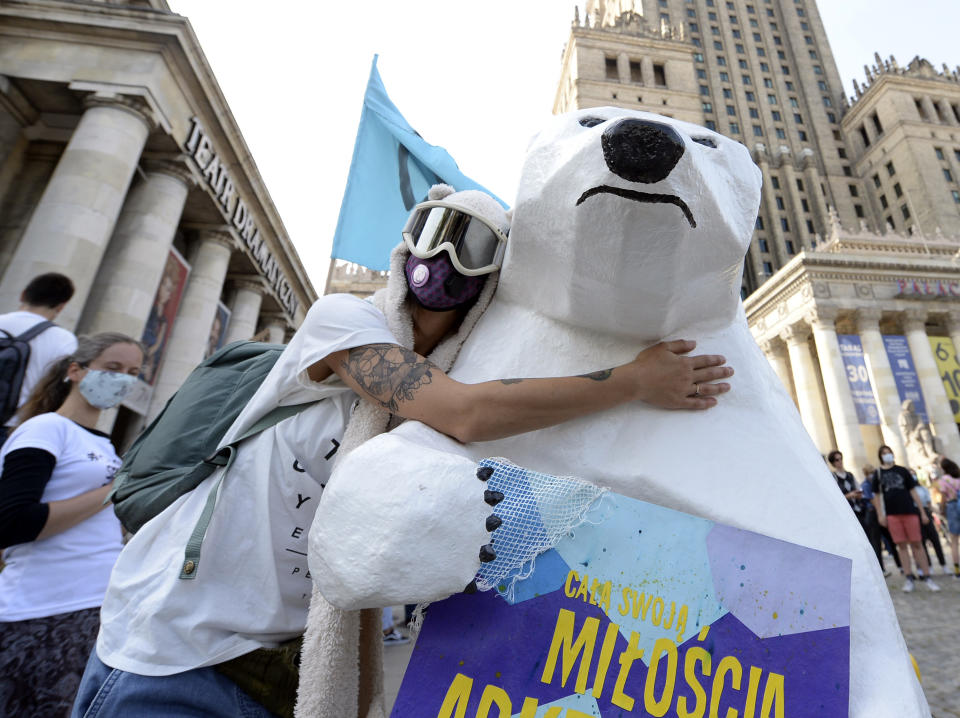 Young people take part in global climate protest in Warsaw, Poland, Friday, Sept. 25, 2020.(AP Photo/Czarek Sokolowski)