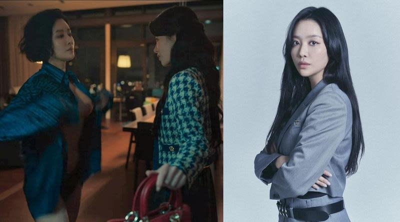 車珠英（右圖）在韓劇《黑暗榮耀》中飾演空姐崔惠程（左圖左），在和林知衍（左圖右）的一場戲中脫下襯衫露出雙峰。（左圖翻攝自Netflix，右圖Netflix提供）