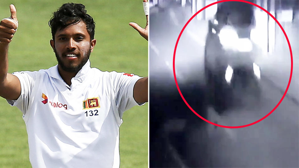 Kusal Mendis, pictured here on the cricket field and during the fatal crash.