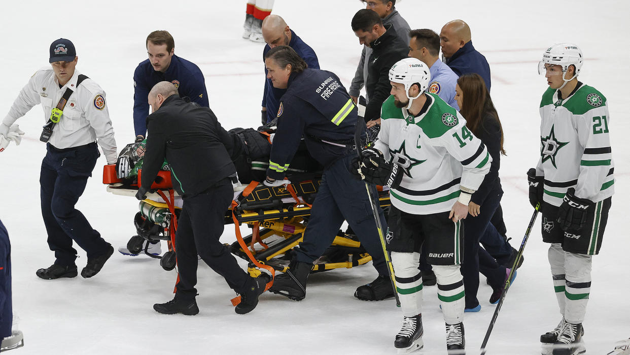 Stars goaltender Scott Wedgewood #41 was taken off the ice on a stretcher after being injured. (Photo by Joel Auerbach/Getty Images)