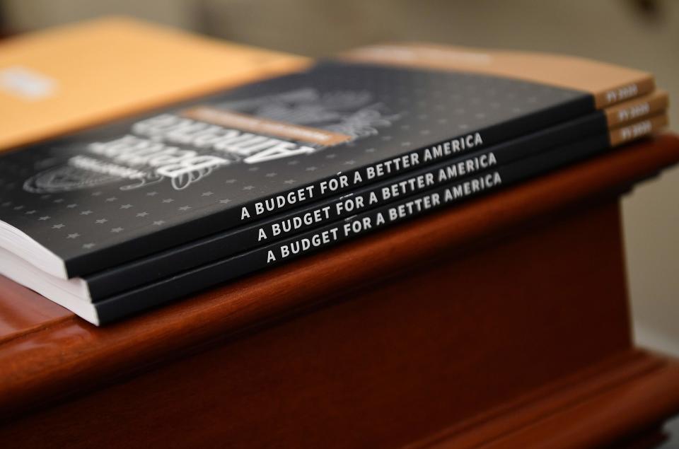 Copies of President Donald Trump's proposed budget on March 11, 2019.