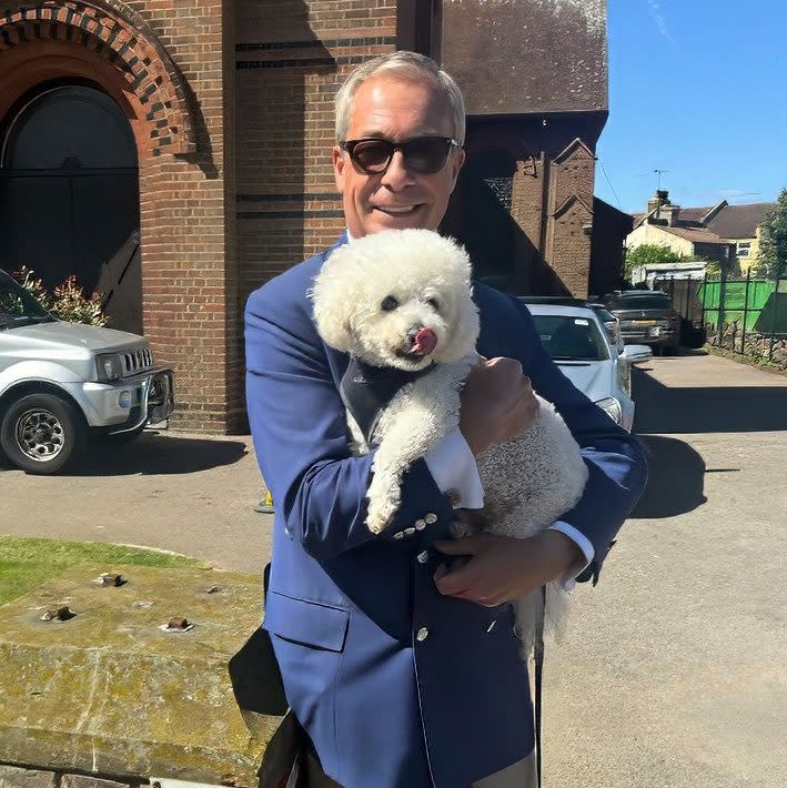 Nigel Farage holds a white poodle-type dog in his arms outside a polling station
