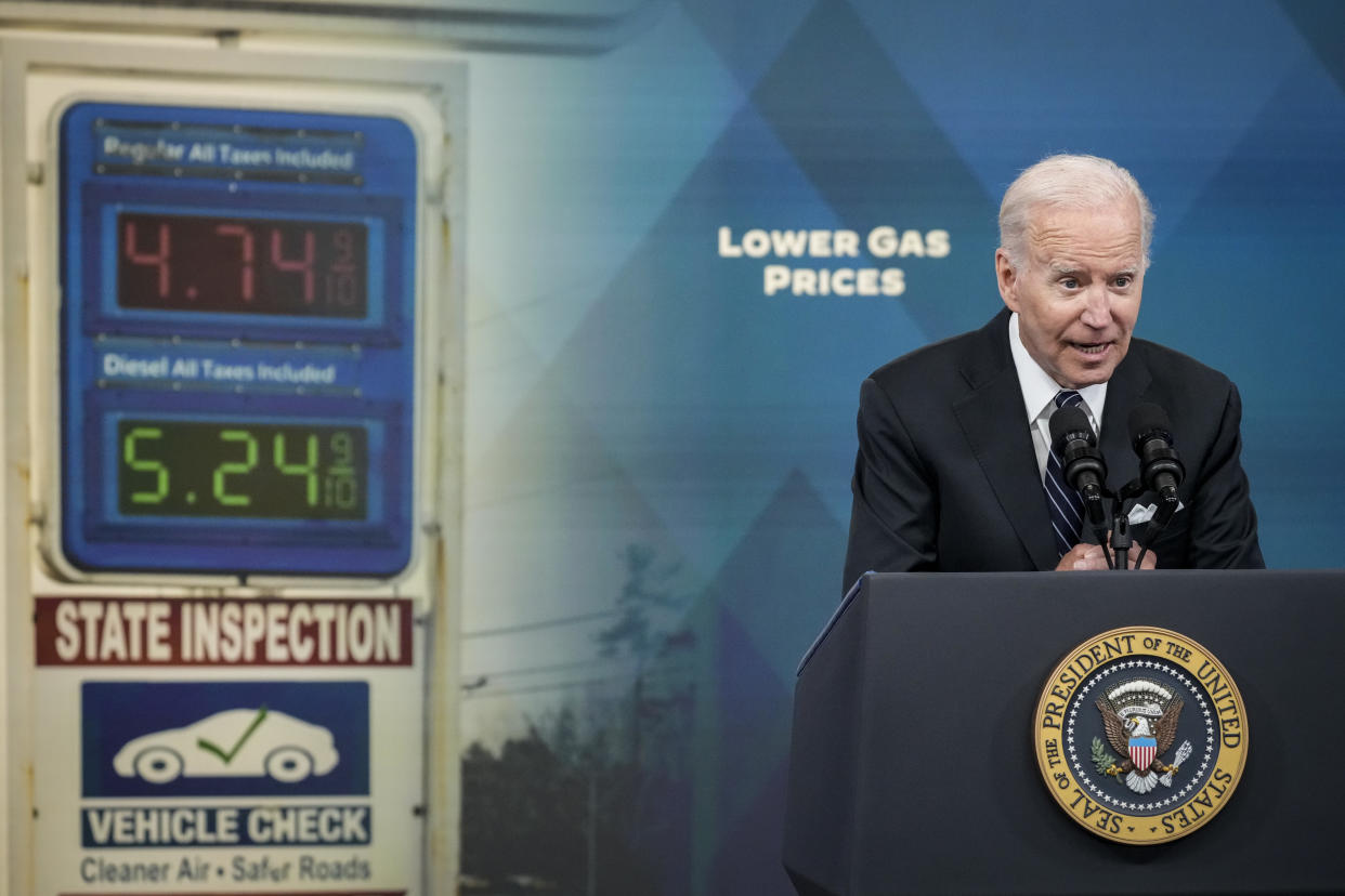 WASHINGTON, DC - JUNE 22: U.S. President Joe Biden speaks about gas prices in the South Court Auditorium at the White House campus on June 22, 2022 in Washington, DC. Biden called on Congress to temporarily suspend the federal gas tax. (Photo by Drew Angerer/Getty Images)