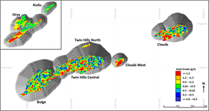 Plan view showing mineralized material in the US$1800/oz reporting pit shell above 0.3 g/t Au