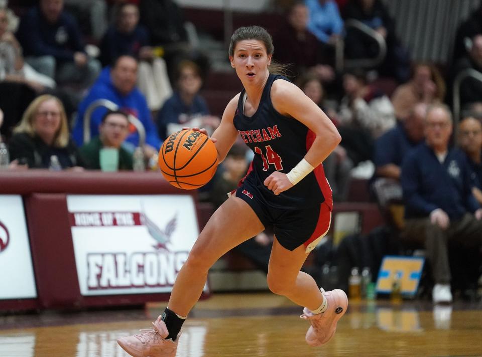 Ketcham's Jaylyn Chorba (14) drives to the paint during girls basketball action against Albertus at Albertus Magnus High School in Bardonia on Thursday, Feb. 8, 2024.