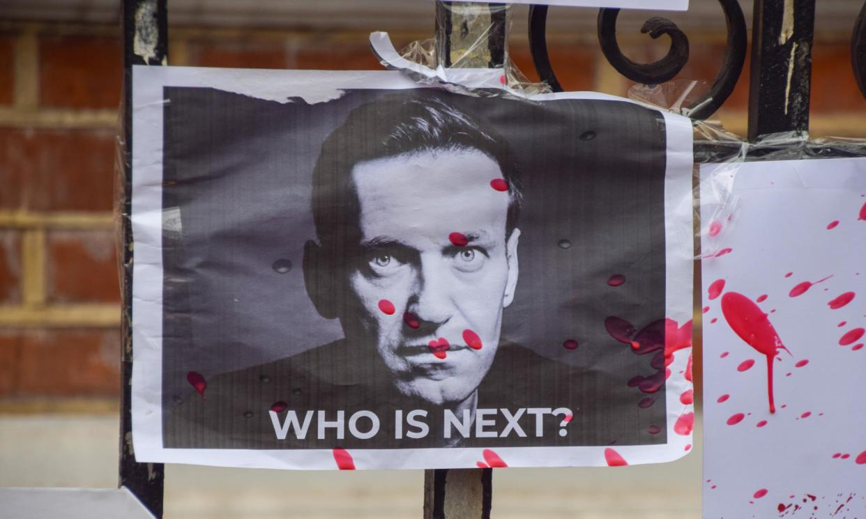 <span>‘Alexei Navalny grew up and became a politician after the collapse of the USSR, during a brief period when freedom came to Russia.’ A poster outside the Russian embassy in London.</span><span>Photograph: Vuk Valcic/Zuma Press Wire/Rex/Shutterstock</span>