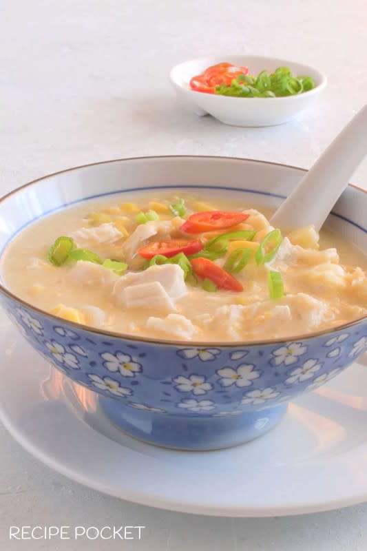 <p>Recipe Pocket</p><p>This creamy soup recipe pairs chicken and corn together perfectly. </p><p><strong>Get the Recipe: <a href="https://recipepocket.com/chinese-chicken-and-sweetcorn-soup-slow-cooker/" rel="nofollow noopener" target="_blank" data-ylk="slk:Crock Pot Chinese Chicken and Sweet Corn Soup;elm:context_link;itc:0;sec:content-canvas" class="link rapid-noclick-resp">Crock Pot Chinese Chicken and Sweet Corn Soup</a></strong></p>