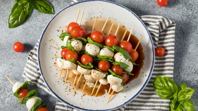 Aerial shot of Caprese skewers