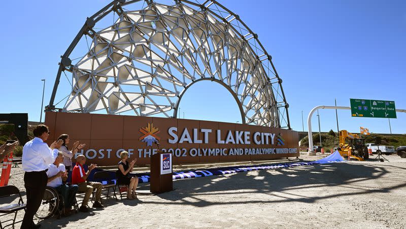 The Hoberman Arch from the 2002 Olympics in Salt Lake City has been installed and signage unveiled during a news event at the Salt Lake City International Airport on Tuesday, Aug. 29, 2023.