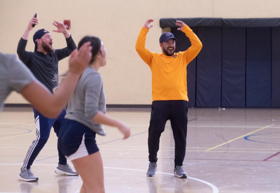 Gibbs Keeton, UTEP women’s soccer team head coach, trains with his new team indoor on a cold morning in February 2023. 