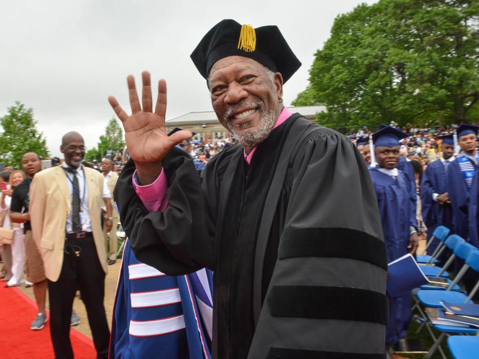 Morgan Freeman waves at Howard University's commencement