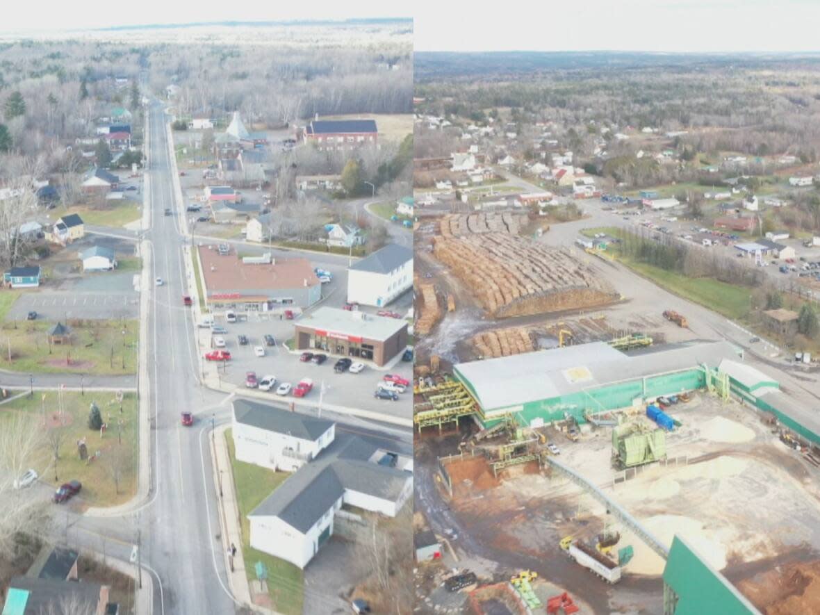 The villages of Minto, left, and Chipman have been merged to create the new municipality of Grand Lake, located about 40 kilometres northeast of Fredericton. (Shane Fowler/CBC - image credit)