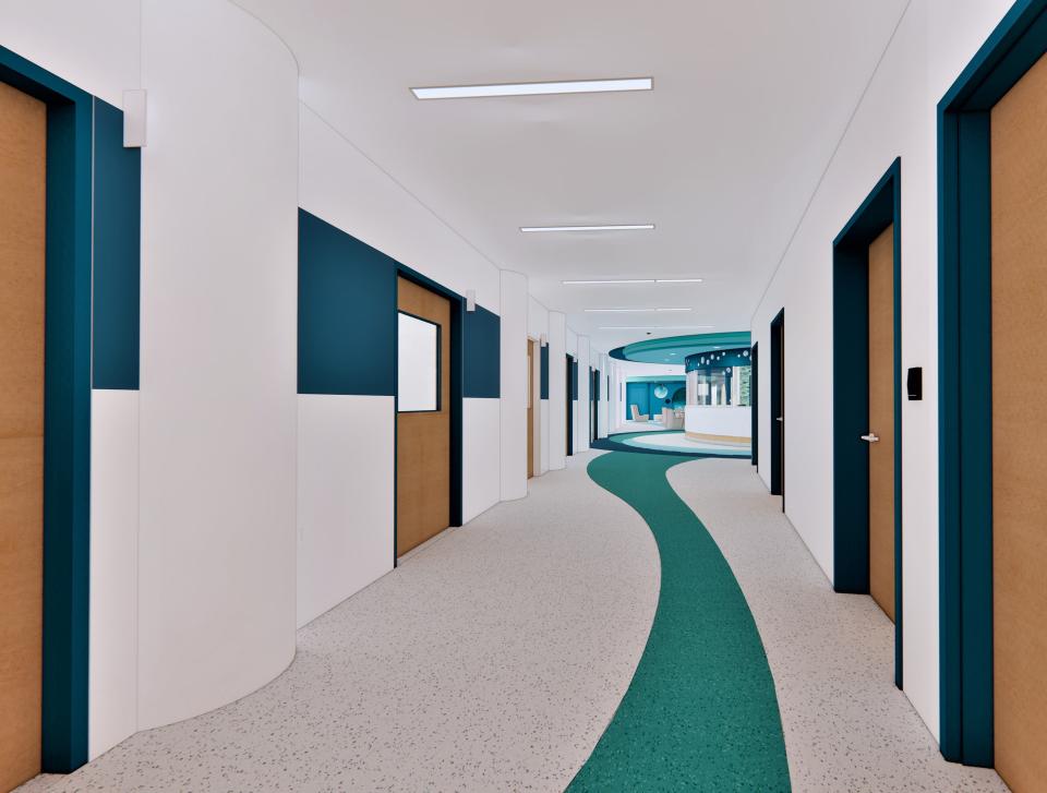 This is a rendering of a hallway at a planned 20-unit inpatient behavioral health unit at Wolfson Children's Hospital.