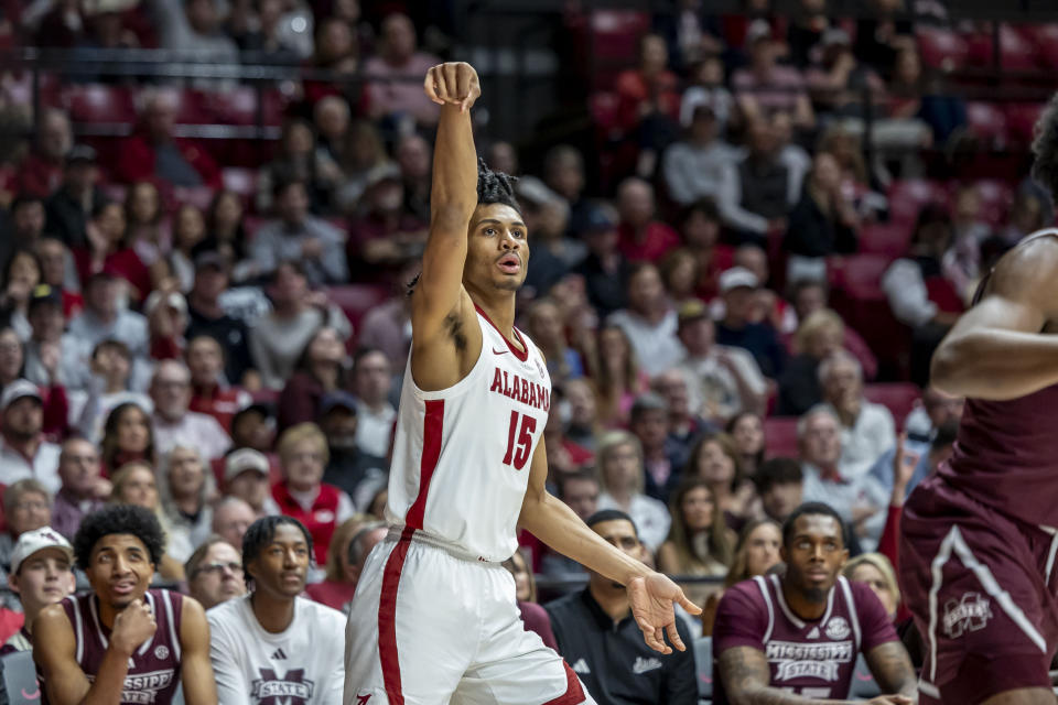 Alabama forward Jarin Stevenson (15) watches his three-point shot during the first half of an NCAA college basketball game against Mississippi State, Saturday, Feb. 3, 2024, in Tuscaloosa, Ala. (AP Photo/Vasha Hunt)