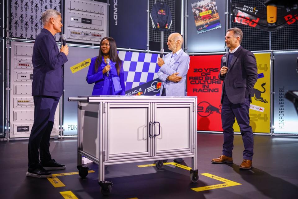 Christian Horner (right) on stage at Red Bull’s car launch (Red Bull)