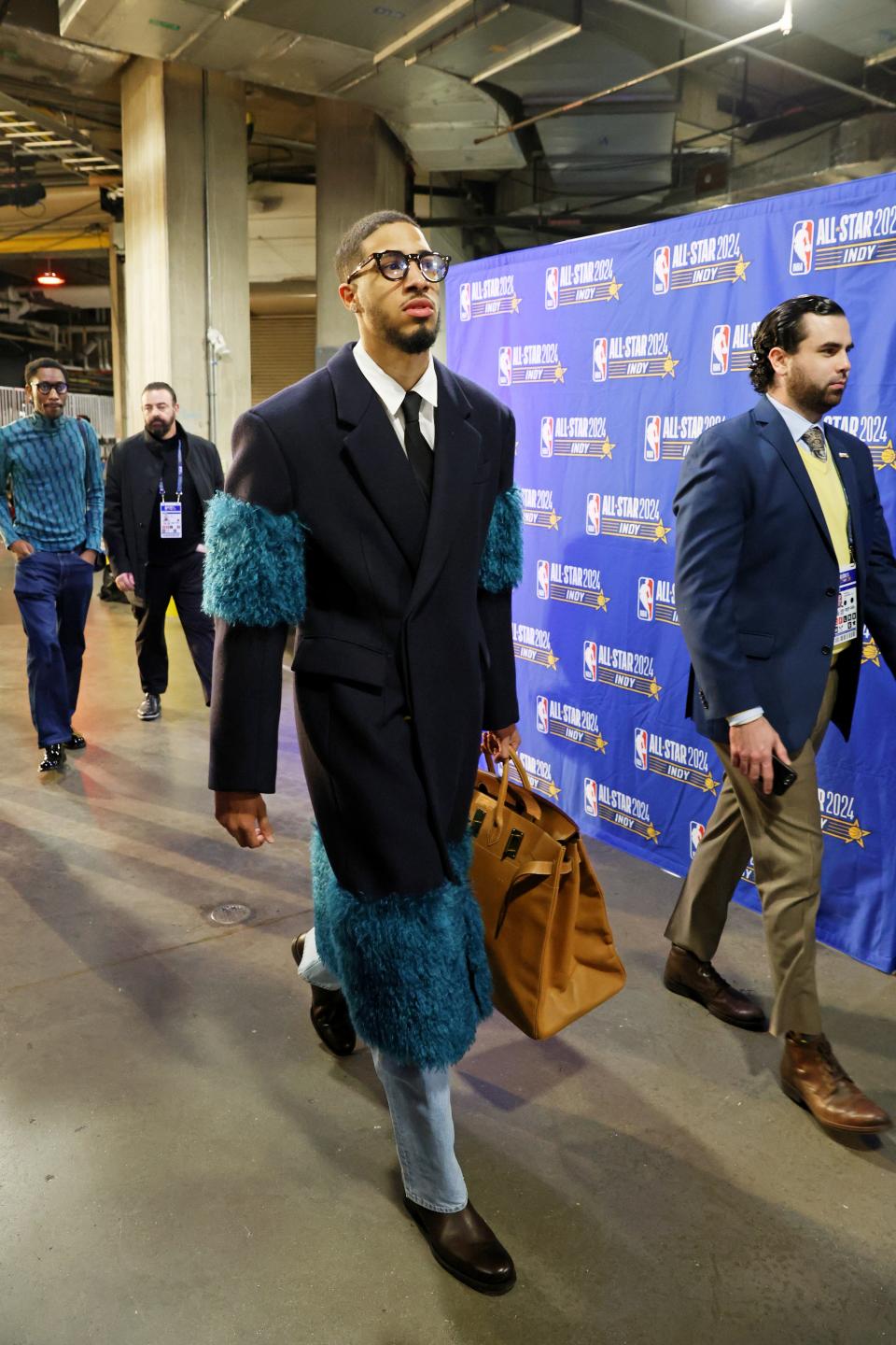 Feb 18, 2024; Indianapolis, Indiana, USA; Eastern Conference guard Tyrese Haliburton (0) of the Indiana Pacers arrives before the 73rd NBA All Star game at Gainbridge Fieldhouse. Mandatory Credit: Trevor Ruszkowski-USA TODAY Sports