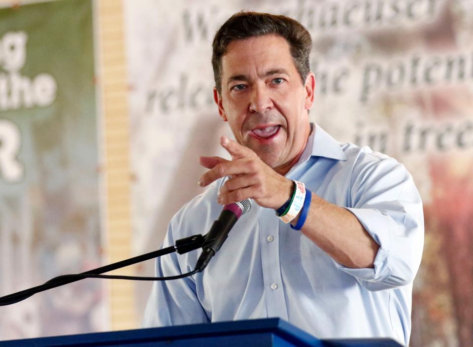 Republican State Sen. Chris McDaniel, R-Ellisville, speaks as a candidate for U.S. Senate on Thursday, Aug. 2, 2018, at one of the biggest political events of the year in the state, the Neshoba County Fair in Philadelphia.