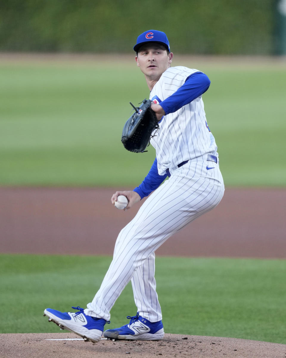 Chicago Cubs starting pitcher Hayden Wesneski winds up during the first inning of a baseball game against the Philadelphia Phillies Tuesday, July 2, 2024, in Chicago. (AP Photo/Charles Rex Arbogast)