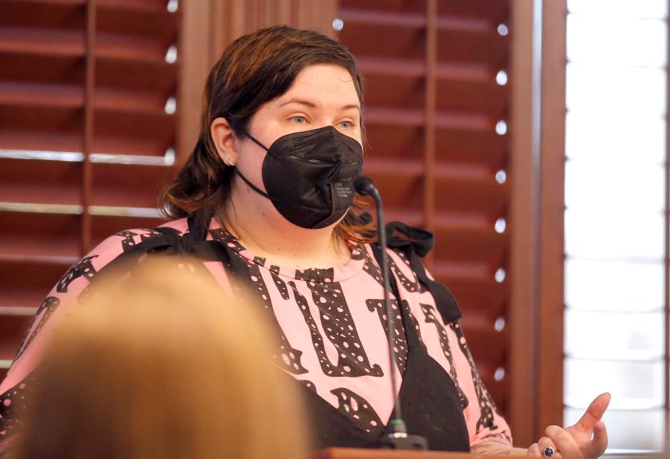 Nicole McAfee speaks Thursday during public comment during a meeting with the Oklahoma State Board of Education in Oklahoma City.