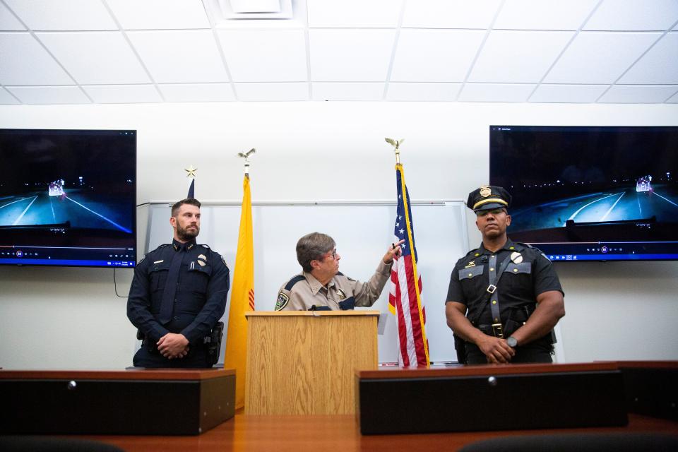 LCPD Interim Chief Jeremy Story, Sheriff Kim Stewart and NMSP Lieutenant Ray White present the body cam footage of an officer involved shooting during a DASO news conference on Tuesday, July 18, 2023, at Doña Ana County Government Center.